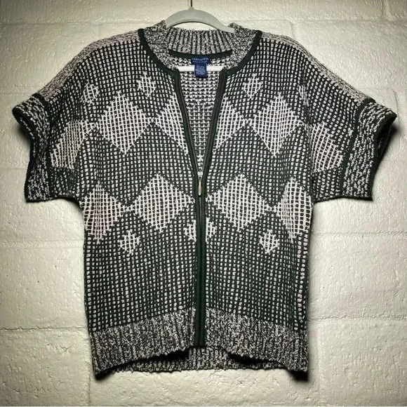 Doncaster Pink & Green Knit Short Sleeve Zip Up Sweater - Picture 1 of 9